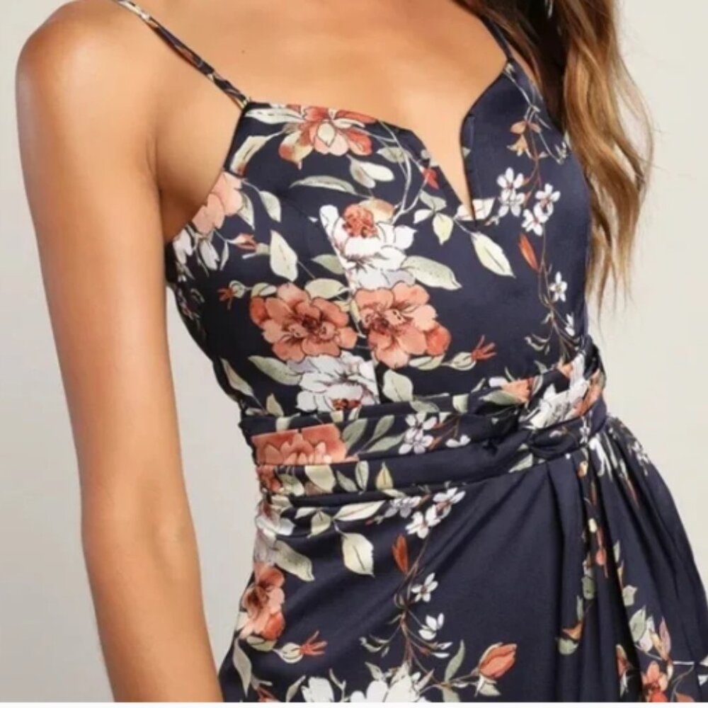 Lulus My Favorite Day Navy Blue Floral Print Satin Tulip Formal Midi Dress NEW - Picture 2 of 10